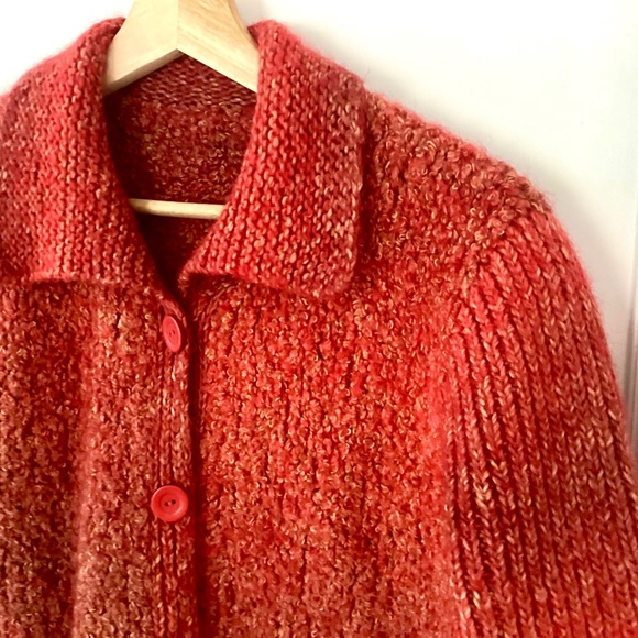 Vintage Hand Knit Button Down Long Sleeve Cardigan Orange Boucle Size S/M Jacket - Picture 6 of 15